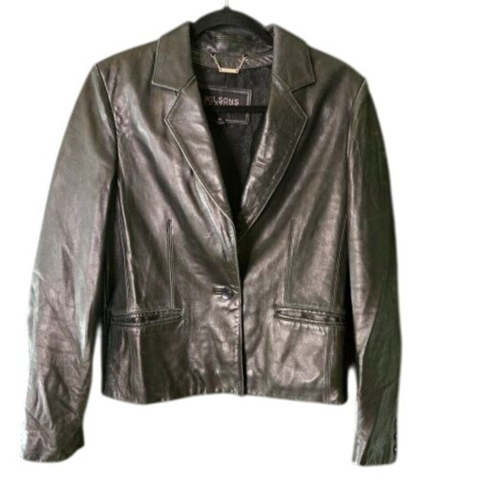 Wilsons Leather Womens M Black LeatherSingle Breasted Blazer Jacket Old Mon‎